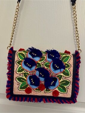Tory Burch Embroidered Floral Fringe Crossbody in Blue, Red, Green and Gold